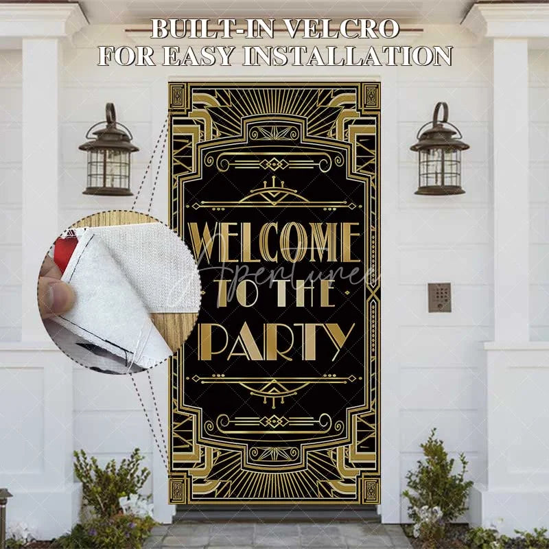 Aperturee - Aperturee Roaring 20s Black and Gold Door Cover Art Deco Welcome to The Party Sign Decoration