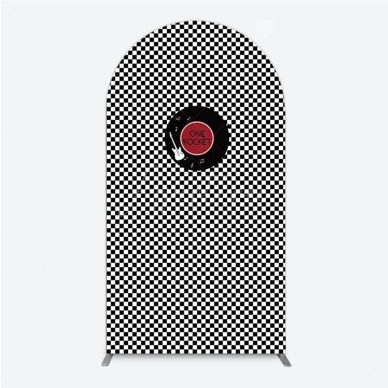 Aperturee - Aperturee Rock and Roll Music Arch Backdrop Black and White Checkerboard with Vinyl Record One Rocket Birthday Party Decor