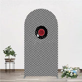 Aperturee - Aperturee Rock and Roll Music Arch Backdrop Black and White Checkerboard with Vinyl Record One Rocket Birthday Party Decor