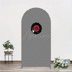 Aperturee - Aperturee Rock and Roll Music Arch Backdrop Black and White Checkerboard with Vinyl Record One Rocket Birthday Party Decor
