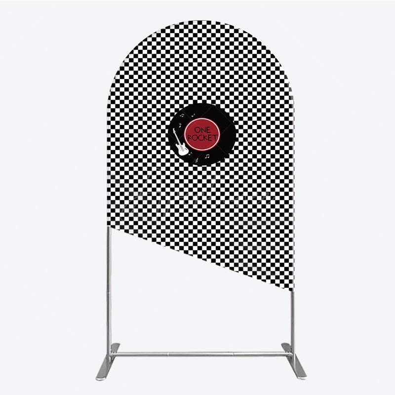 Aperturee - Aperturee Rock and Roll Music Arch Backdrop Black and White Checkerboard with Vinyl Record One Rocket Birthday Party Decor