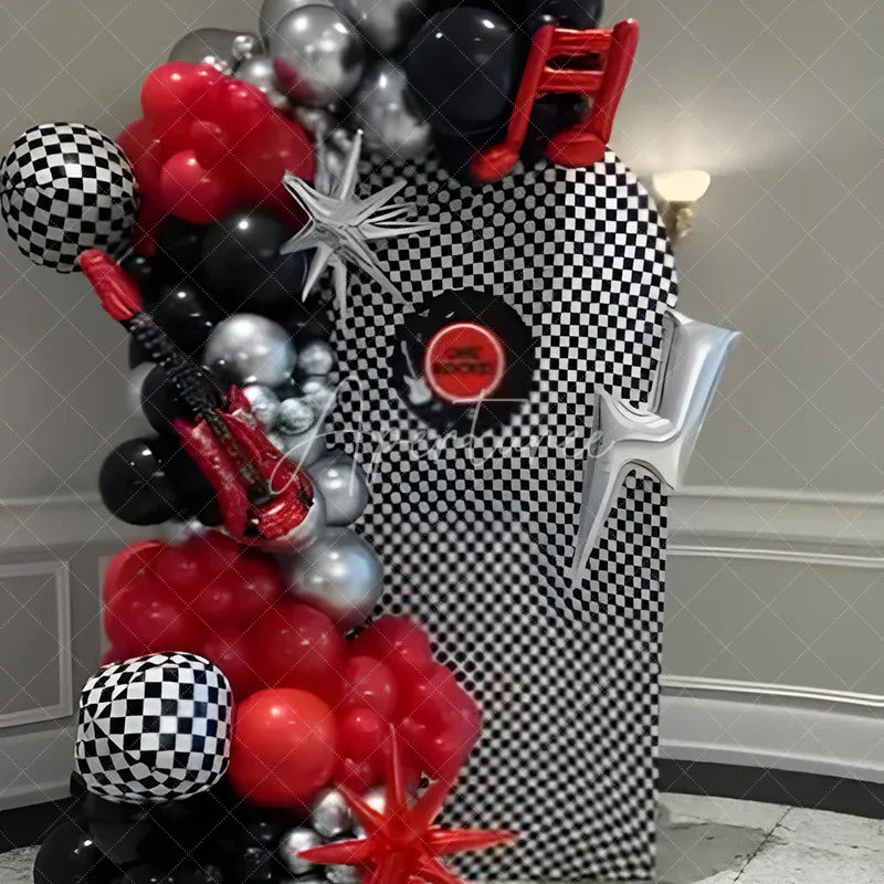 Aperturee - Aperturee Rock and Roll Music Arch Backdrop Black and White Checkerboard with Vinyl Record One Rocket Birthday Party Decor