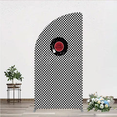 Aperturee - Aperturee Rock and Roll Music Half Moon Arch Backdrop Black and White Checkerboard with Vinyl Record One Rocket Birthday Party