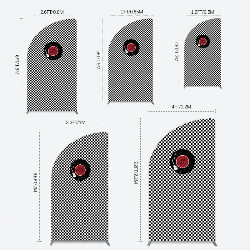 Aperturee - Aperturee Rock and Roll Music Half Moon Arch Backdrop Black and White Checkerboard with Vinyl Record One Rocket Birthday Party