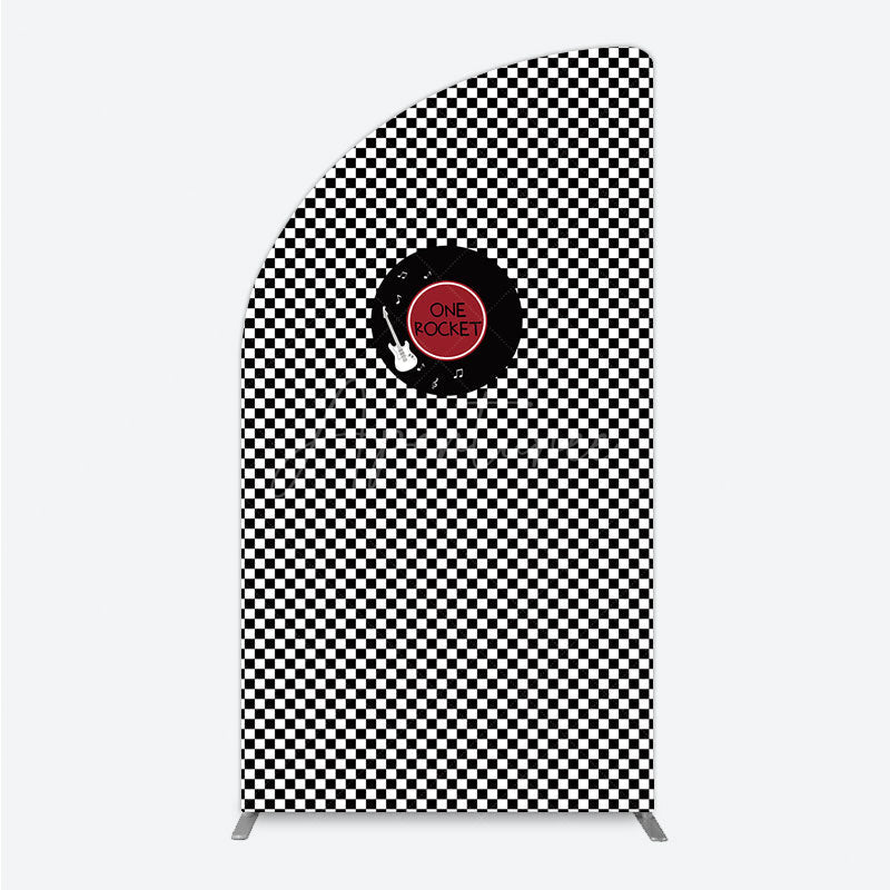 Aperturee - Aperturee Rock and Roll Music Half Moon Arch Backdrop Black and White Checkerboard with Vinyl Record One Rocket Birthday Party