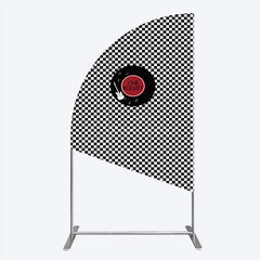 Aperturee - Aperturee Rock and Roll Music Half Moon Arch Backdrop Black and White Checkerboard with Vinyl Record One Rocket Birthday Party