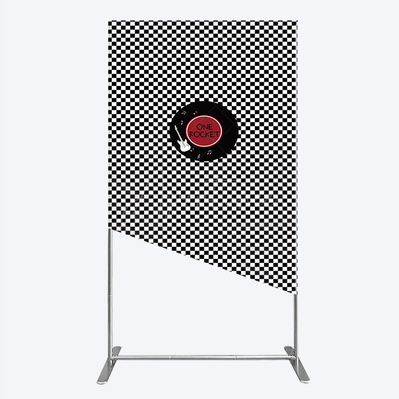 Aperturee - Aperturee Rock and Roll Music Rectangle Backdrop Black and White Checkerboard with Vinyl Record One Rocket Birthday Party Decor