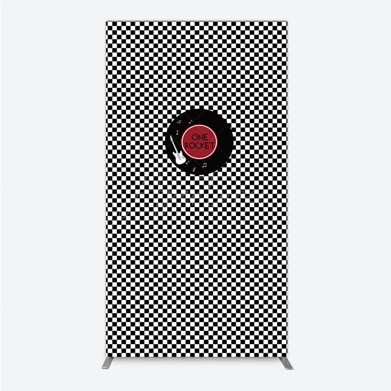 Aperturee - Aperturee Rock and Roll Music Rectangle Backdrop Black and White Checkerboard with Vinyl Record One Rocket Birthday Party Decor