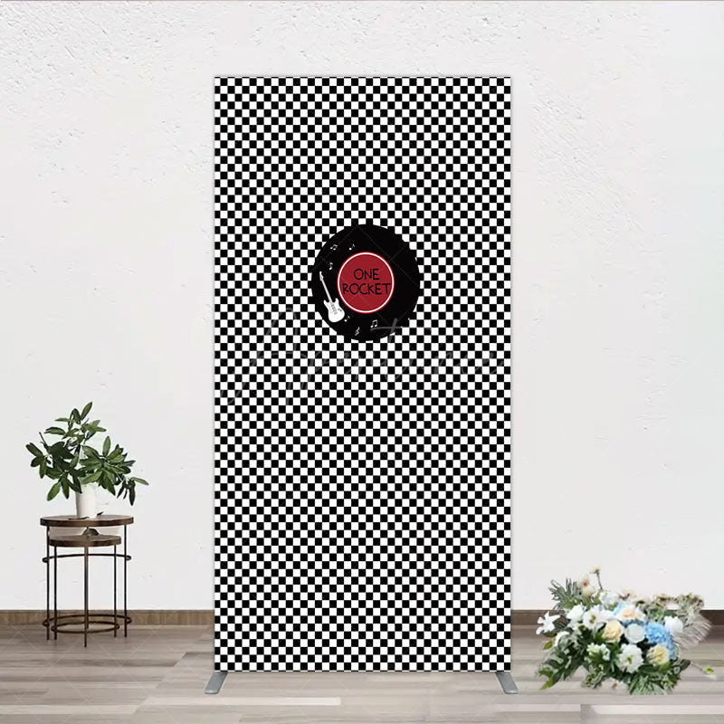 Aperturee - Aperturee Rock and Roll Music Rectangle Backdrop Black and White Checkerboard with Vinyl Record One Rocket Birthday Party Decor