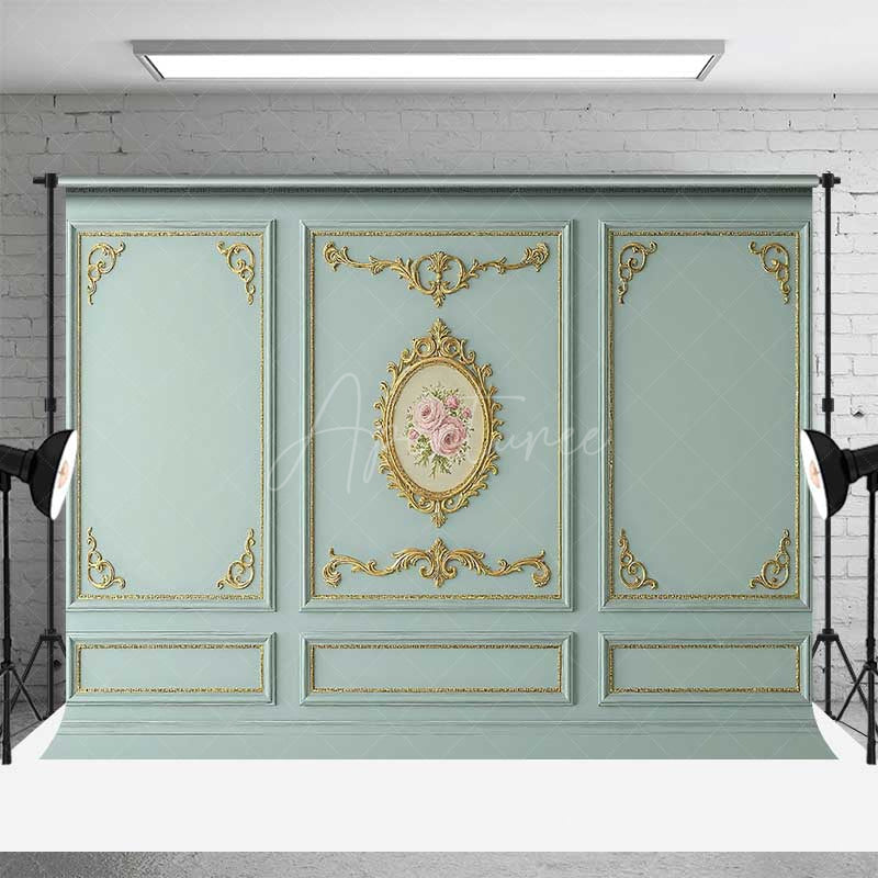 Aperturee Aperturee Rococo Wall Photography Backdrop Blue and Gold Ornate Molding Panels with Roses French Vintage Studio Prop