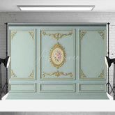 Aperturee Aperturee Rococo Wall Photography Backdrop Blue and Gold Ornate Molding Panels with Roses French Vintage Studio Prop