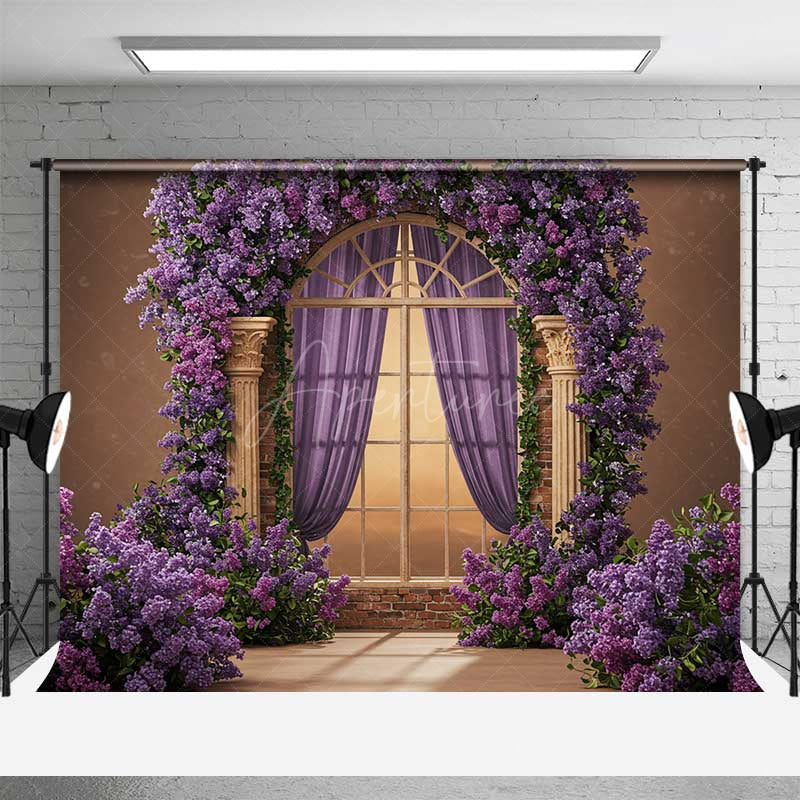 Aperturee Aperturee Romantic Arched Window Photography Backdrop Purple Lilac and Roses Garland Fairytale Garden Wedding Photo Prop