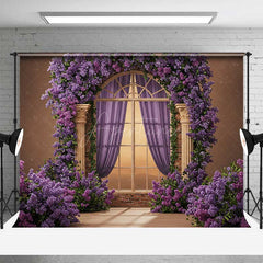 Aperturee Aperturee Romantic Arched Window Photography Backdrop Purple Lilac and Roses Garland Fairytale Garden Wedding Photo Prop