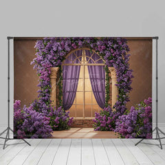 Aperturee Aperturee Romantic Arched Window Photography Backdrop Purple Lilac and Roses Garland Fairytale Garden Wedding Photo Prop