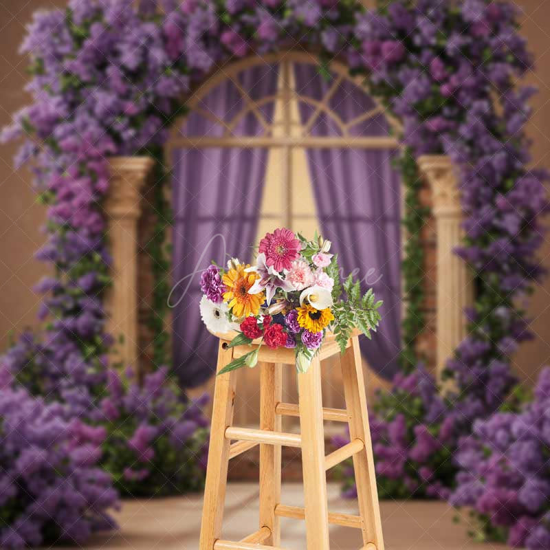 Aperturee Aperturee Romantic Arched Window Photography Backdrop Purple Lilac and Roses Garland Fairytale Garden Wedding Photo Prop