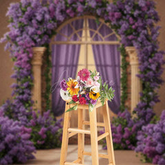 Aperturee Aperturee Romantic Arched Window Photography Backdrop Purple Lilac and Roses Garland Fairytale Garden Wedding Photo Prop