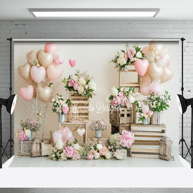 Aperturee - Aperturee Romantic Balloon Pink Floral Valentines Day Backdrop