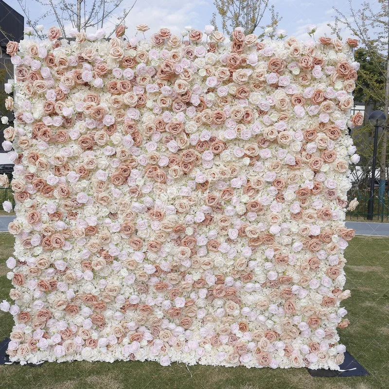 Aperturee - Aperturee Romantic Blush Pink and White Roses Artificial Flower Wall Elegant Floral Wedding Backdrop and Party Decor