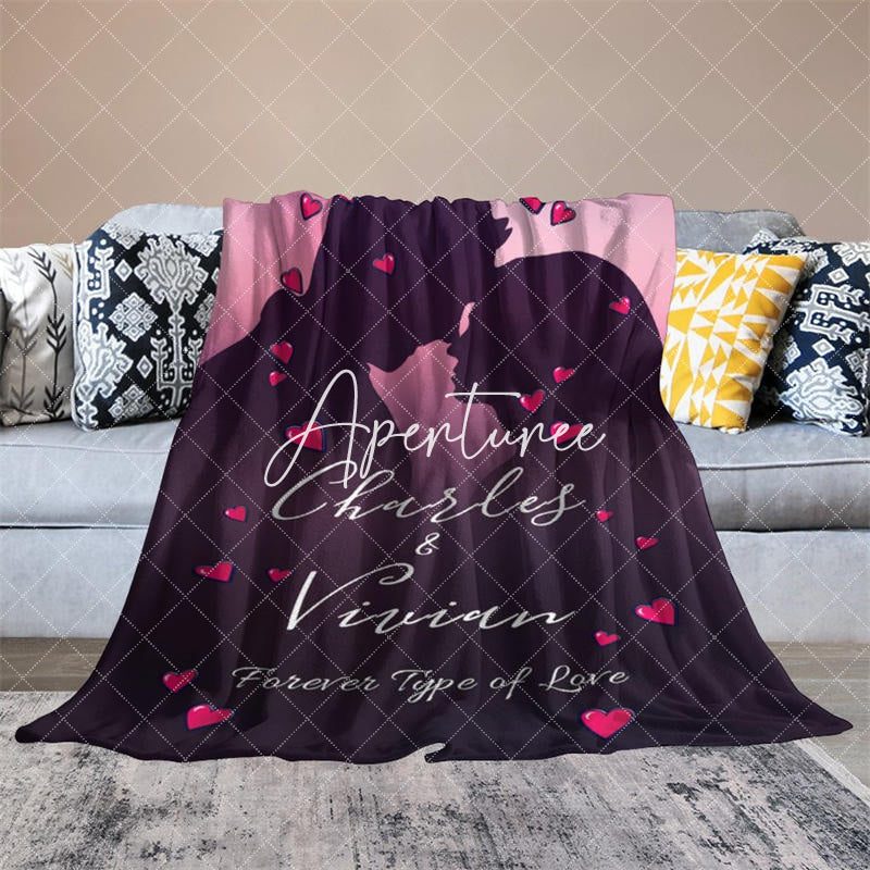 Aperturee - Aperturee Romantic Couple Silhouette Hearts Custom Name Blanket