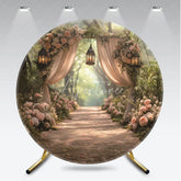 Aperturee - Aperturee Romantic Enchanted Forest Wedding Round Backdrop with Blush Pink Roses Elegant Sheer Drapes and Warm Lanterns