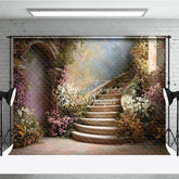Aperturee - Aperturee Romantic Enchanted Garden Photography Backdrop Elegant Curved Stone Staircase with Pink and White Blossoms