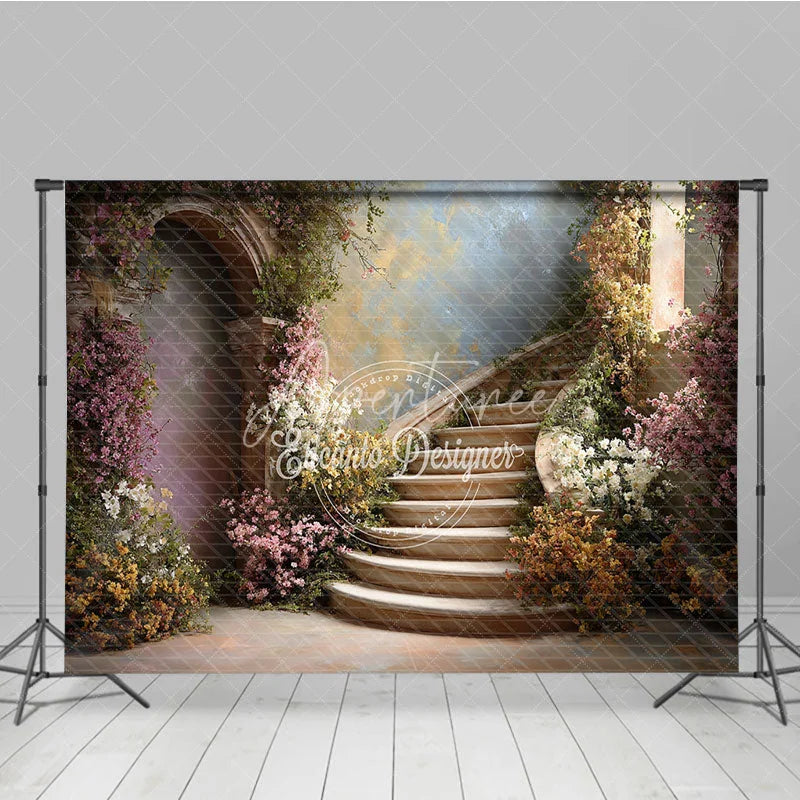 Aperturee - Aperturee Romantic Enchanted Garden Photography Backdrop Elegant Curved Stone Staircase with Pink and White Blossoms