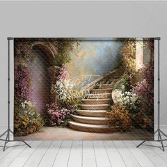 Aperturee - Aperturee Romantic Enchanted Garden Photography Backdrop Elegant Curved Stone Staircase with Pink and White Blossoms