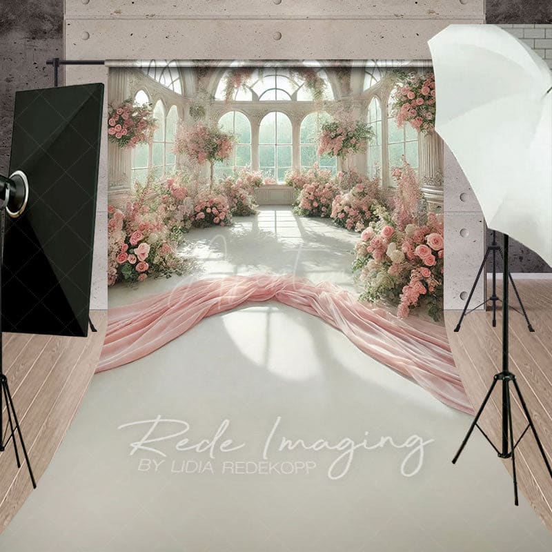 Aperturee - Aperturee Romantic Fancy Room Pink Floral Wedding Sweep Backdrop