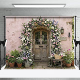 Aperturee - Aperturee Romantic Floral Arch and Rustic Wooden Door Photography Backdrop Pink Cottage Wall Garden Decor
