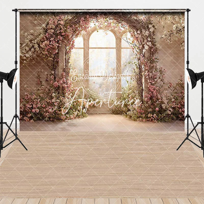 Aperturee - Aperturee Romantic Floral Arch Window with Pink and White Flowers Combo Set Backdrop Elegant Garden Photography Prop