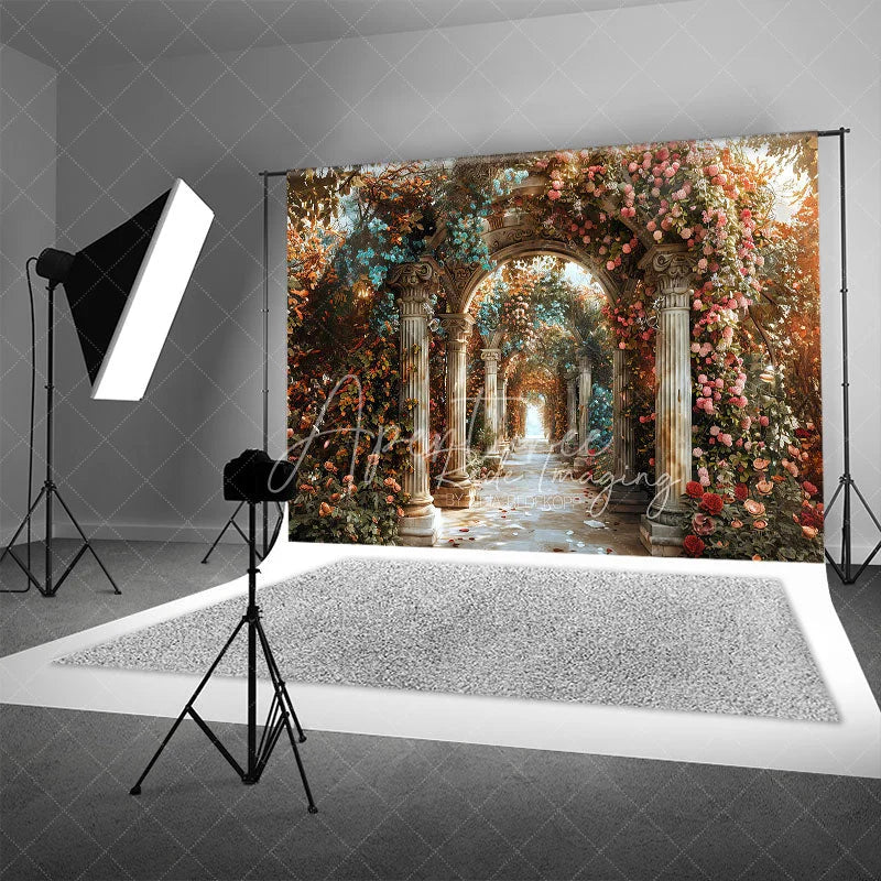 Aperturee - Aperturee Romantic Floral Archway Backdrop Classical Architecture Columns and Pink Roses Photography Background for Wedding
