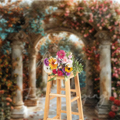 Aperturee - Aperturee Romantic Floral Archway Backdrop Classical Architecture Columns and Pink Roses Photography Background for Wedding