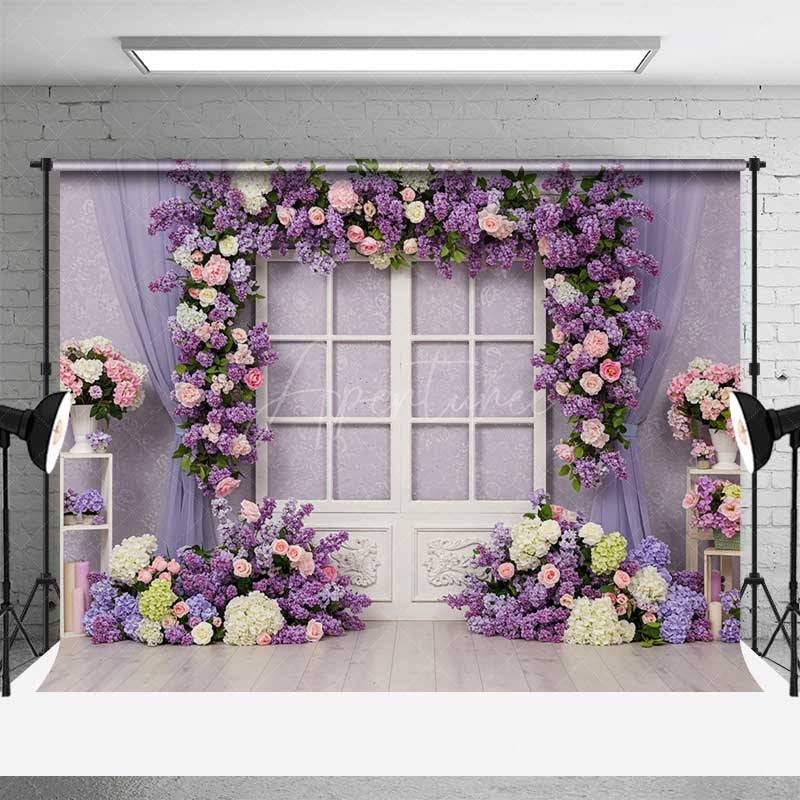 Aperturee Aperturee Romantic Floral Window Photography Backdrop Purple Lilac and Pink Rose Garland Spring Garden Wedding Photo Prop