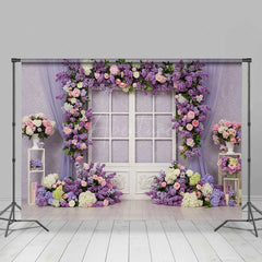 Aperturee Aperturee Romantic Floral Window Photography Backdrop Purple Lilac and Pink Rose Garland Spring Garden Wedding Photo Prop