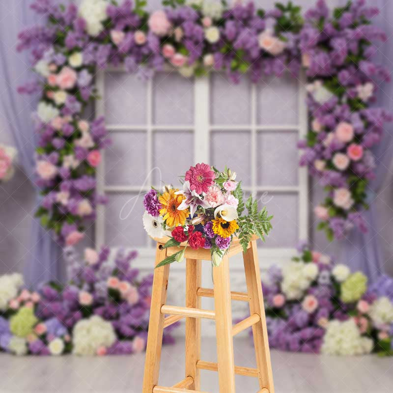 Aperturee Aperturee Romantic Floral Window Photography Backdrop Purple Lilac and Pink Rose Garland Spring Garden Wedding Photo Prop