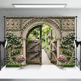 Aperturee - Aperturee Romantic Garden Archway Photography Backdrop Pink Roses and Open Wooden Gates Lush Outdoor Scenery