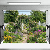 Aperturee - Aperturee Romantic Garden Archway with Pink Roses and Colorful Flowers Photography Backdrop Scenic Stone Path and Picket Fence