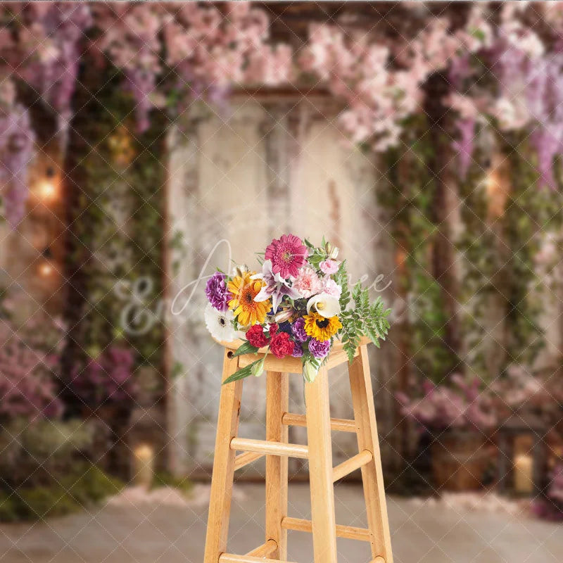 Aperturee - Aperturee Romantic Garden Photography Backdrop with Distressed Wooden Door Cascading Pink Wisteria Flowers and Lanterns