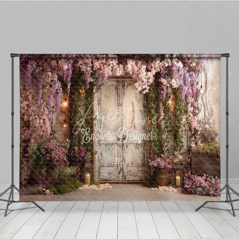 Aperturee - Aperturee Romantic Garden Photography Backdrop with Distressed Wooden Door Cascading Pink Wisteria Flowers and Lanterns