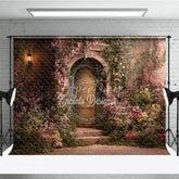 Aperturee - Aperturee Romantic Garden Photography Backdrop with Stone Archway Rustic Door Pink Roses and Vintage Lantern