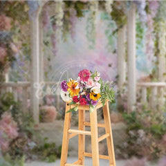 Aperturee - Aperturee Romantic Garden Wooden Archway Photography Backdrop Pink Blue Pastel Flowers Ethereal Wisteria Vines for Celebrations
