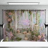 Aperturee - Aperturee Romantic Garden Wooden Archway Photography Backdrop Pink Blue Pastel Flowers Ethereal Wisteria Vines for Celebrations