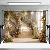 Aperturee - Aperturee Romantic Grand Staircase with Pink Roses and Green Vines Photography Backdrop Elegant Fairytale Wedding Party Decor
