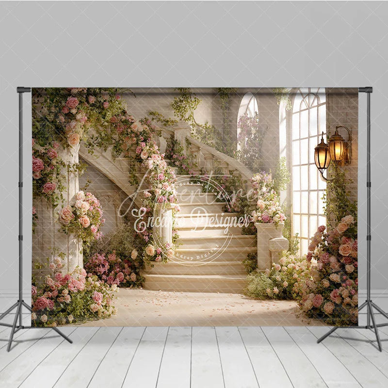 Aperturee - Aperturee Romantic Grand Staircase with Pink Roses and Green Vines Photography Backdrop Elegant Fairytale Wedding Party Decor