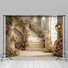 Aperturee - Aperturee Romantic Grand Staircase with Pink Roses and Green Vines Photography Backdrop Elegant Fairytale Wedding Party Decor