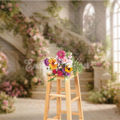 Aperturee - Aperturee Romantic Grand Staircase with Pink Roses and Green Vines Photography Backdrop Elegant Fairytale Wedding Party Decor