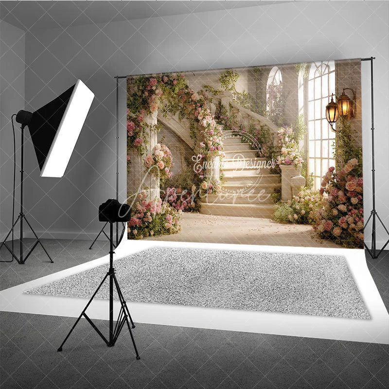 Aperturee - Aperturee Romantic Grand Staircase with Pink Roses and Green Vines Photography Backdrop Elegant Fairytale Wedding Party Decor