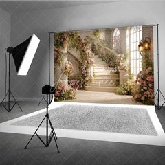 Aperturee - Aperturee Romantic Grand Staircase with Pink Roses and Green Vines Photography Backdrop Elegant Fairytale Wedding Party Decor