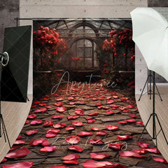 Aperturee - Aperturee Romantic Greenhouse Garden Backdrop Red Roses Stone Path Glass House Interior Background Wedding Photography