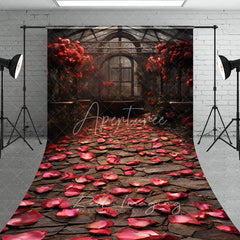 Aperturee - Aperturee Romantic Greenhouse Garden Backdrop Red Roses Stone Path Glass House Interior Background Wedding Photography